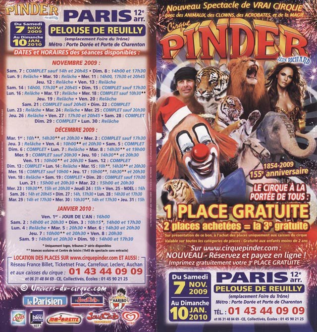 Le nouveau dépliant publicitaire 2009 / 2010 du cirque Pinder à Paris