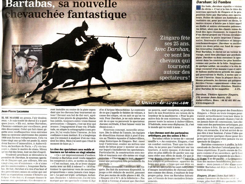 Zingaro et Bartabas en première page du Journal du Dimanche