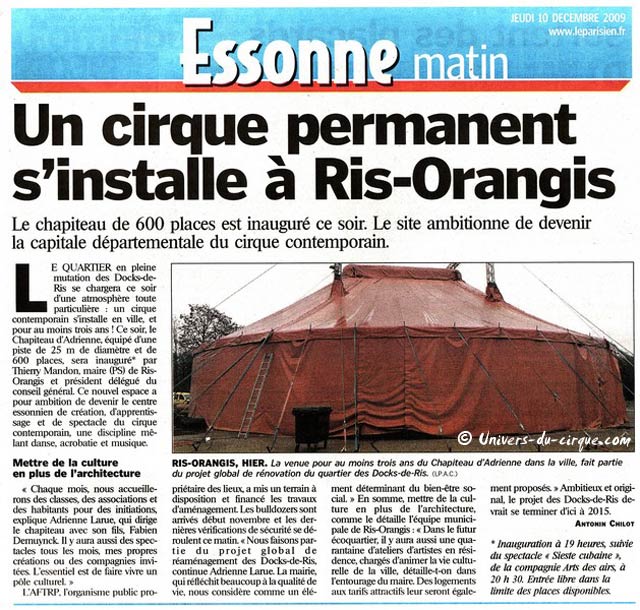 Essonne: inauguration des installations du cirque d'Adrienne Larue à Ris-Orangis