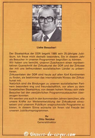 Disparition d'Otto Netzker, fondateur du cirque d'Etat d'Allemagne de l'Est