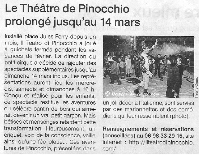 Il Teatro di Pinocchio prolonge à Lorient jusqu'au 14 mars 2010