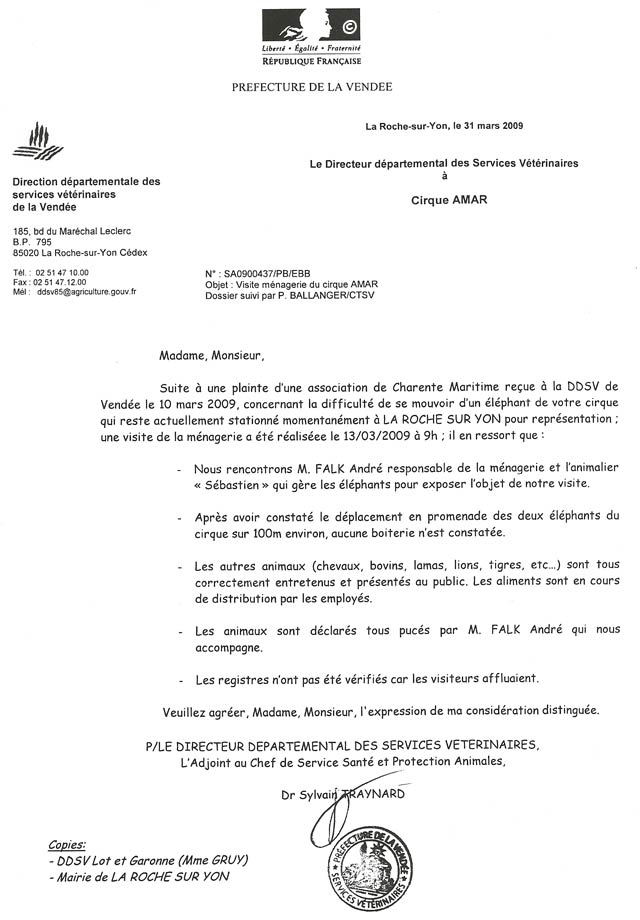 De fausses accusations démenties par le passage de la DDSV à la ménagerie du cirque Amar