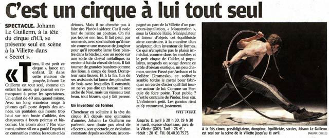 Cirque Ici-Johann Le Guillerm dans le Parisien