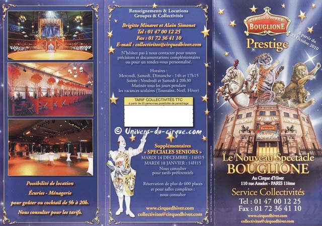 Le nouveau dépliant publicitaire du prochain spectacle du cirque d'hiver Bouglione de Paris