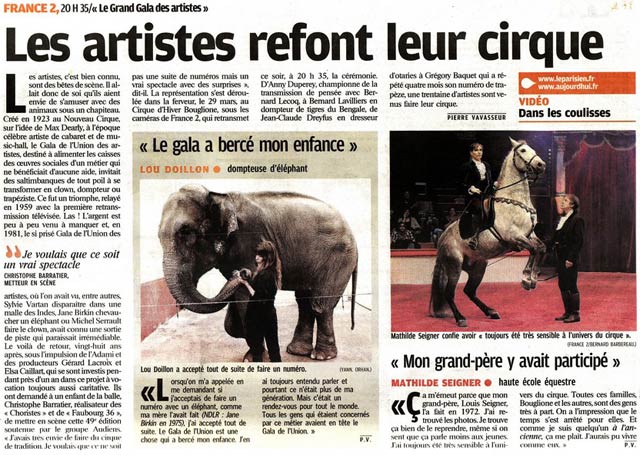 Le Gala de l'union des Artistes dans le Parisien à l'occasion de sa retransmission télévisée