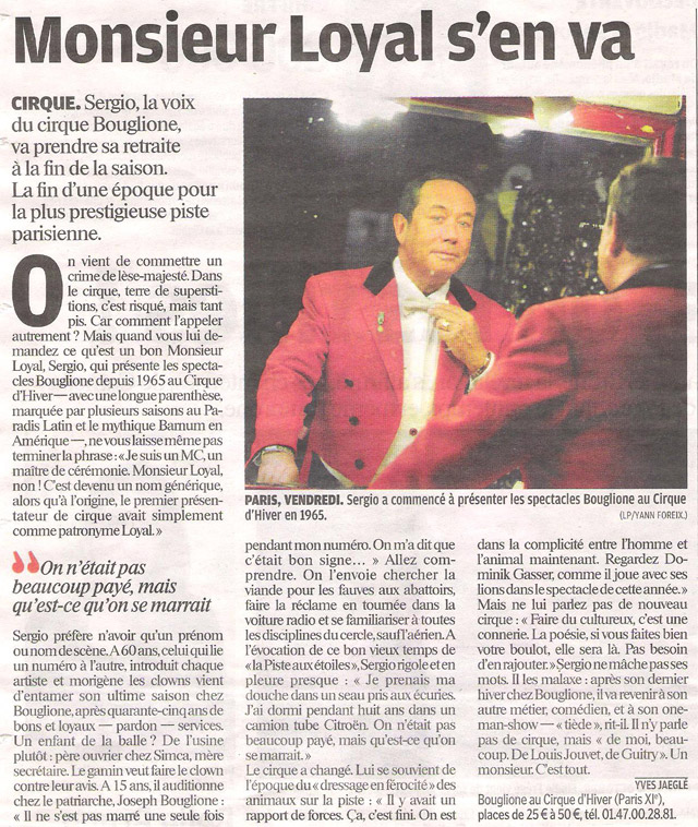 Sergio, le célèbre Monsieur Loyal s'en va