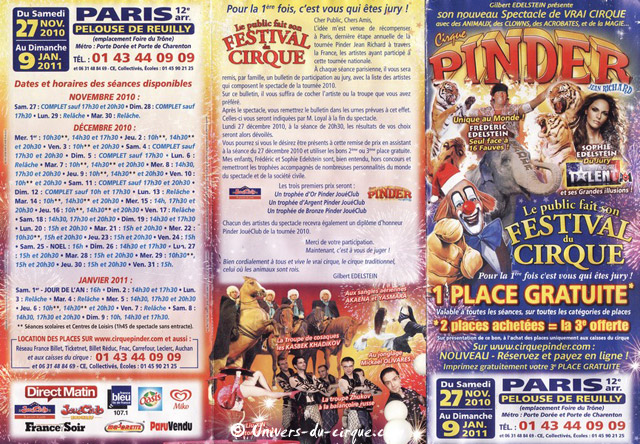 Paris: le nouveau dépliant publicitaire 2010 / 2011 du Cirque Pinder pour les Fêtes de Nol