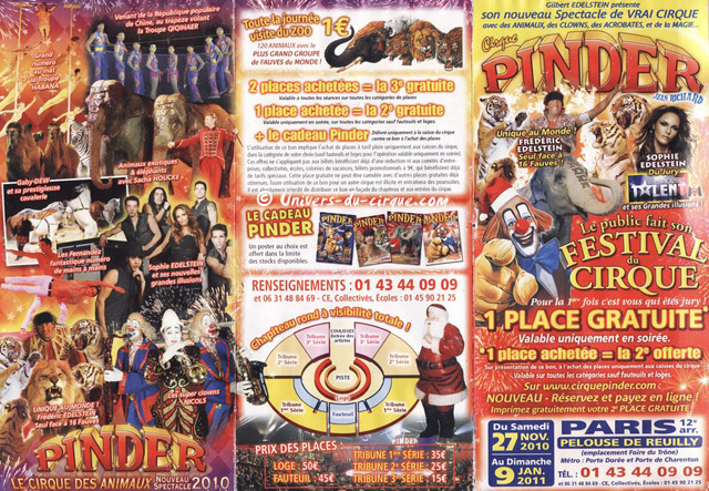Paris: le nouveau dépliant publicitaire 2010 / 2011 du Cirque Pinder pour les Fêtes de Nol