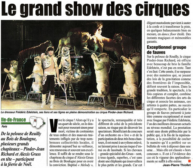 Paris: les cirques Pinder et Alexis Gruss à l'honneur dans France-Soir