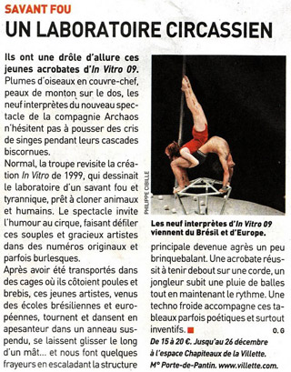 Paris: article sur le Cirque Archaos dans le quotidien 20 Minutes