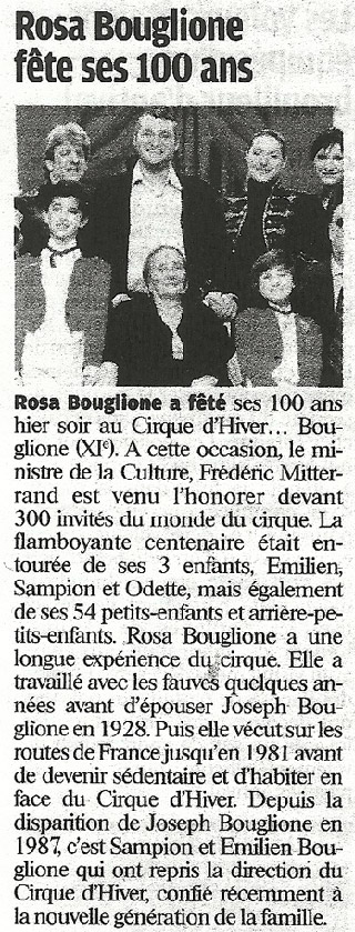 Paris: Le Parisien fait écho des 100 ans de Madame Rosa Bouglione