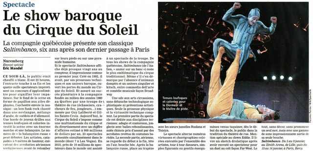Revue de presse: le Cirque du Soleil dans le Journal du Dimanche