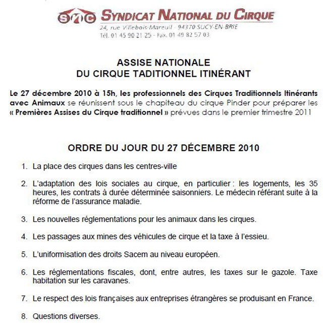 Paris: l'Assise Nationale du Cirque Traditionnel Itinérant s'est déroulée le 27 décembre 2010