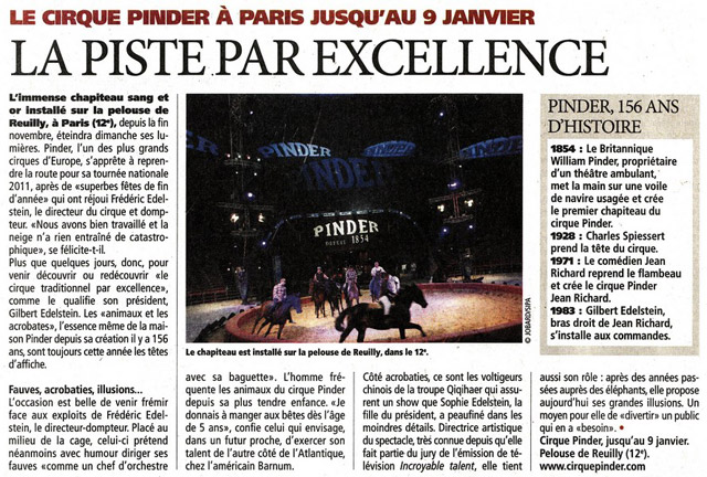 Paris: le Cirque Pinder de nouveau à l'honneur dans le quotidien Direct Matin