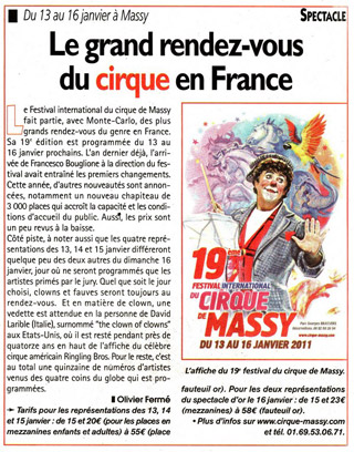Essonne: le 19 Festival International du Cirque de Massy dans l'hedomadaire 