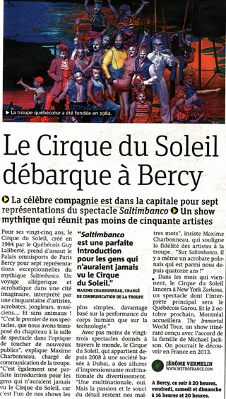 Paris: le Cirque du Soleil à l'honneur dans le quotidien gratuit Metro