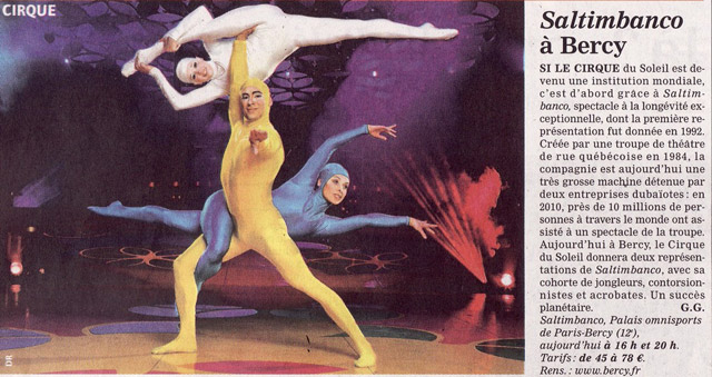 Paris: le Cirque du Soleil dans le Journal du Dimanche à l'occasion de son récent passage à Bercy