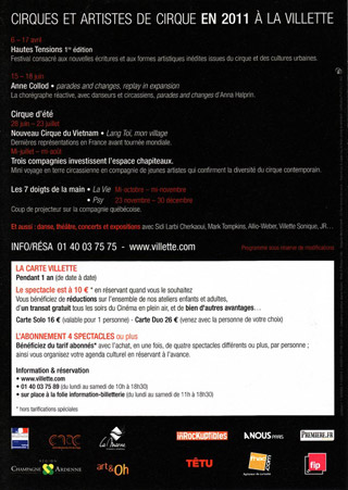 Paris: la 22 promotion du Centre National des Arts du Cirque au Parc de La Villette jusqu'au 13 février 2011
