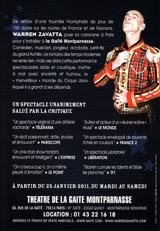 Paris: le flyer publicitaire de Warren Zavatta au Thétre de la Gaîté-Montparnasse