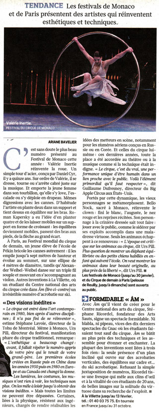 Revue de presse: Le Figaro salue les nouvelles tendances des Arts du Cirque