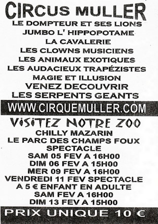 Essonne: le flyer publicitaire 2011 du Cirque Muller à Chilly-Mazarin