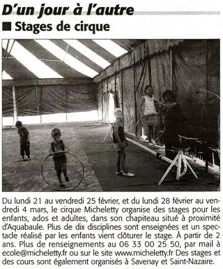 Loire-Atlantique: stages à l'Ecole de Cirque Micheletty à La Baule jusqu'au 04 mars 2011