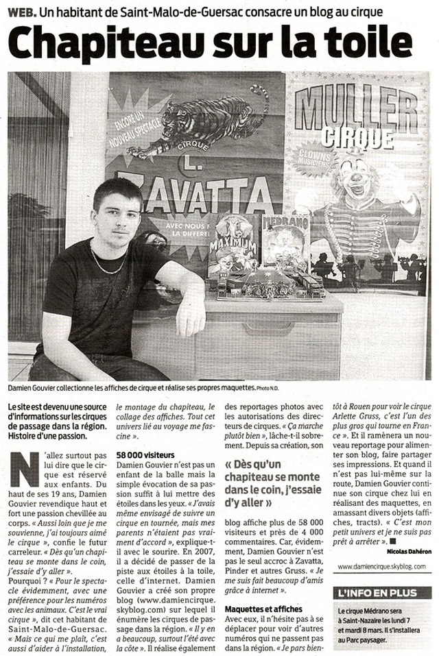 Loire-Atlantique: la passion du cirque de Damien Gouvier dans la quotidien Presse Océan