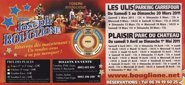 Ile-de-France: le flyer publicitaire 2011 du Cirque Joseph Bouglione aux Ulis et à Plaisir