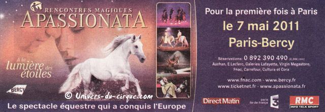 Paris: campagne publicitaire d'Apassionata pour son nouveau spectacle équestre au Palais Omnisports de Bercy le 07 mai 2011