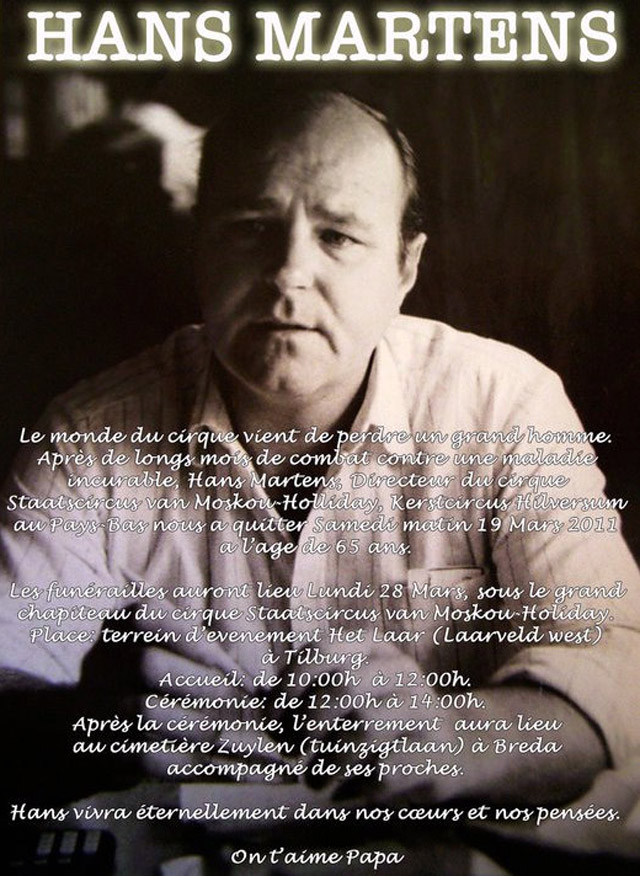 Pays-Bas: les funérailles de M. Hans Martens directeur du Cirque Staatcircus van Moskou - Holiday
