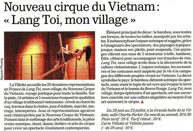 Paris: le Nouveau Cirque du Vietnam dans le Journal du Dimanche