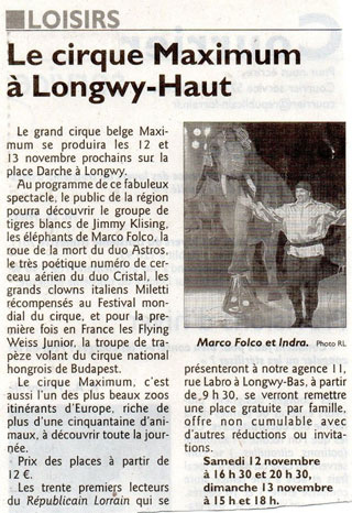 Meurthe-et- Moselle: le Cirque Maximum prochainement à Longwy-Haut à l'honneur dans le Républicain Lorrain