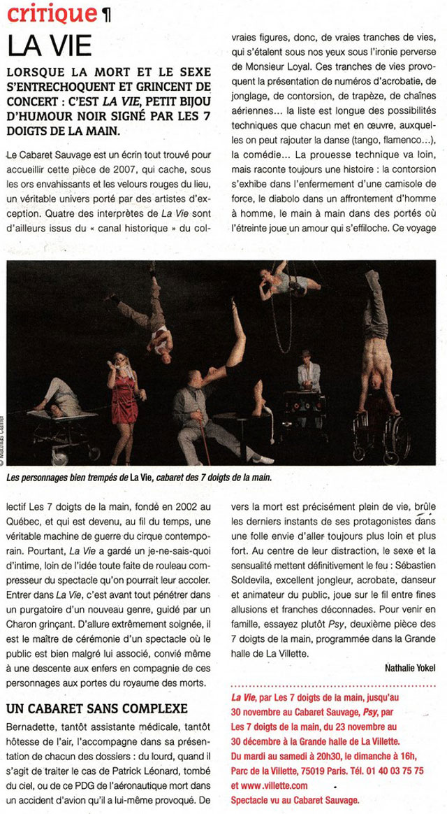 Paris: les 7 Doigts de la Main dans le mensuel culturel La Terrasse