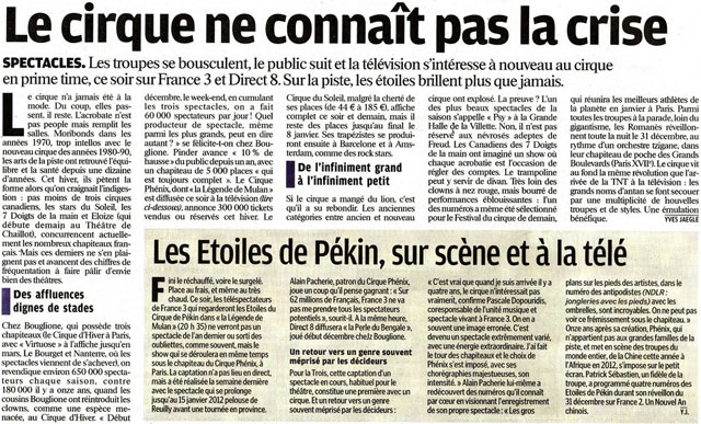 Paris : le quotidien Le Parisien salue la belle forme du cirque