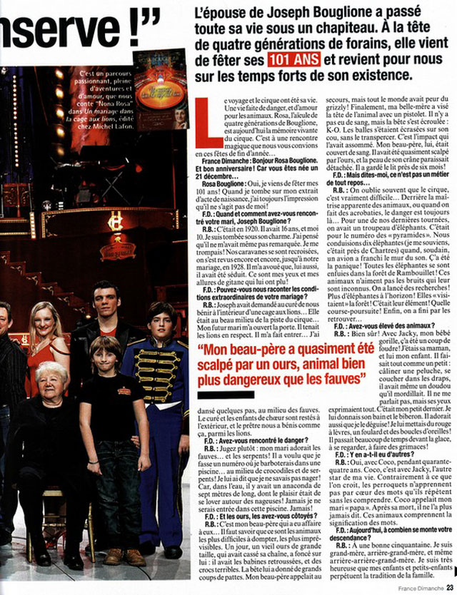 Interview de Madame Rosa Bouglione dans l'hebdomadaire France Dimanche