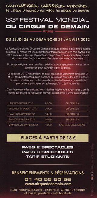 Paris: le flyer publicitaire du 33 Festival Mondial du Cirque de Demain
