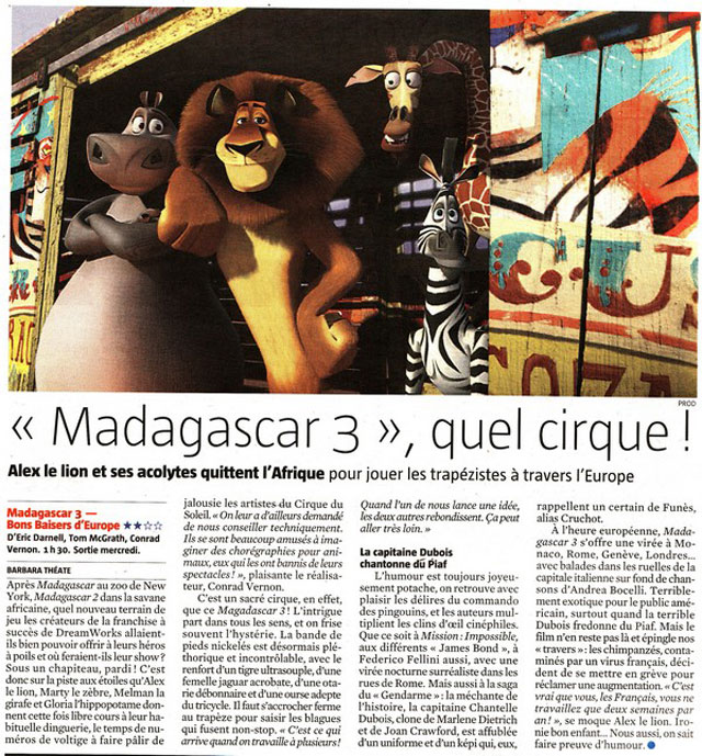 Cinéma: le cirque à l'honneur dans le film Madagascar 3