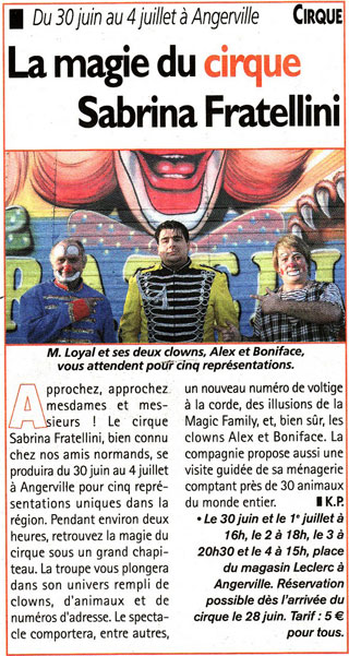 Essonne: le Cirque Sabrina Fratellini à Angerville du 30 juin au 04 juillet 2012