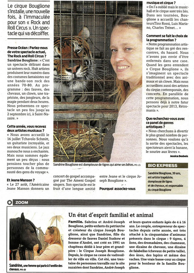 Loire-Atlantique: interview de Sandrine Bouglione au Cirque Joseph Bouglione à Saint-Nazaire dans le quotidien Presse-Océan