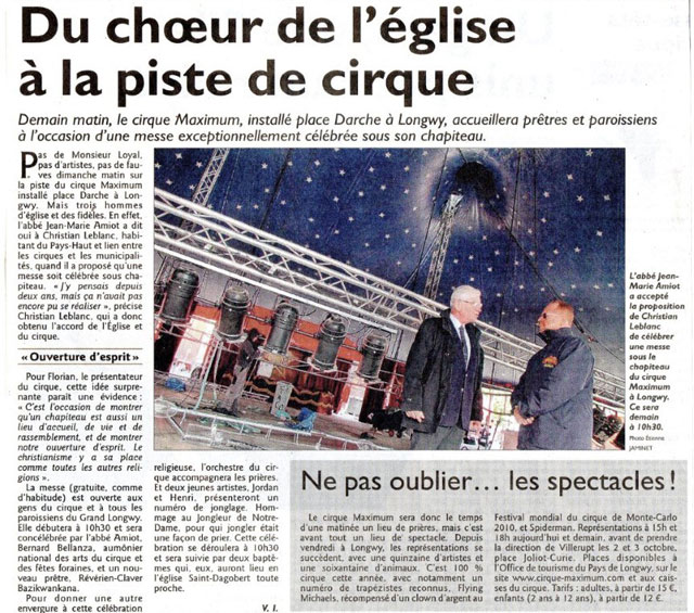 Meurthe-et-Moselle: la messe de Longwy sous le chapiteau du Cirque Maximum à l'honneur dans Le Républicain Lorrain