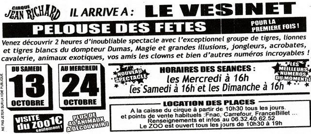 Yvelines: le flyer publicitaire du Nouveau Cirque Jean Richard au Vésinet