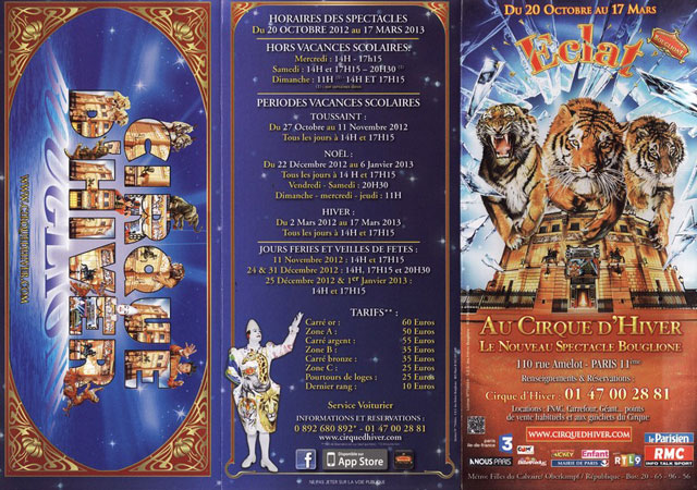 Paris: le nouveau dépliant publicitaire 2012-2013 du Cirque d'Hiver Bouglione