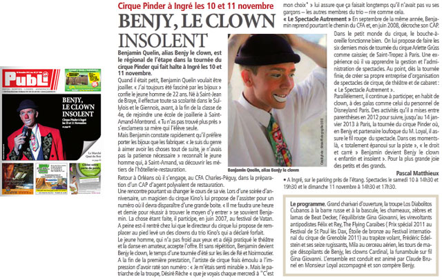 Loiret: Benji, le clown de reprise du Cirque Pinder à l'honneur dans Publi45 à Orléans