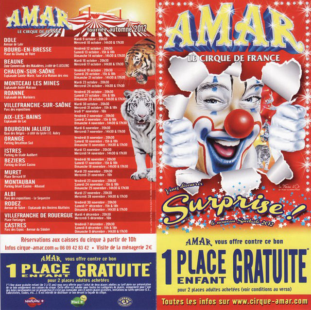 Le dépliant publicitaire de la tournée d'automne 2012 du Cirque Amar