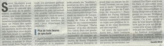 Isère: le palmarès du 11 Festival International du Cirque de Grenoble à l'honneur dans le Dauphiné Libéré